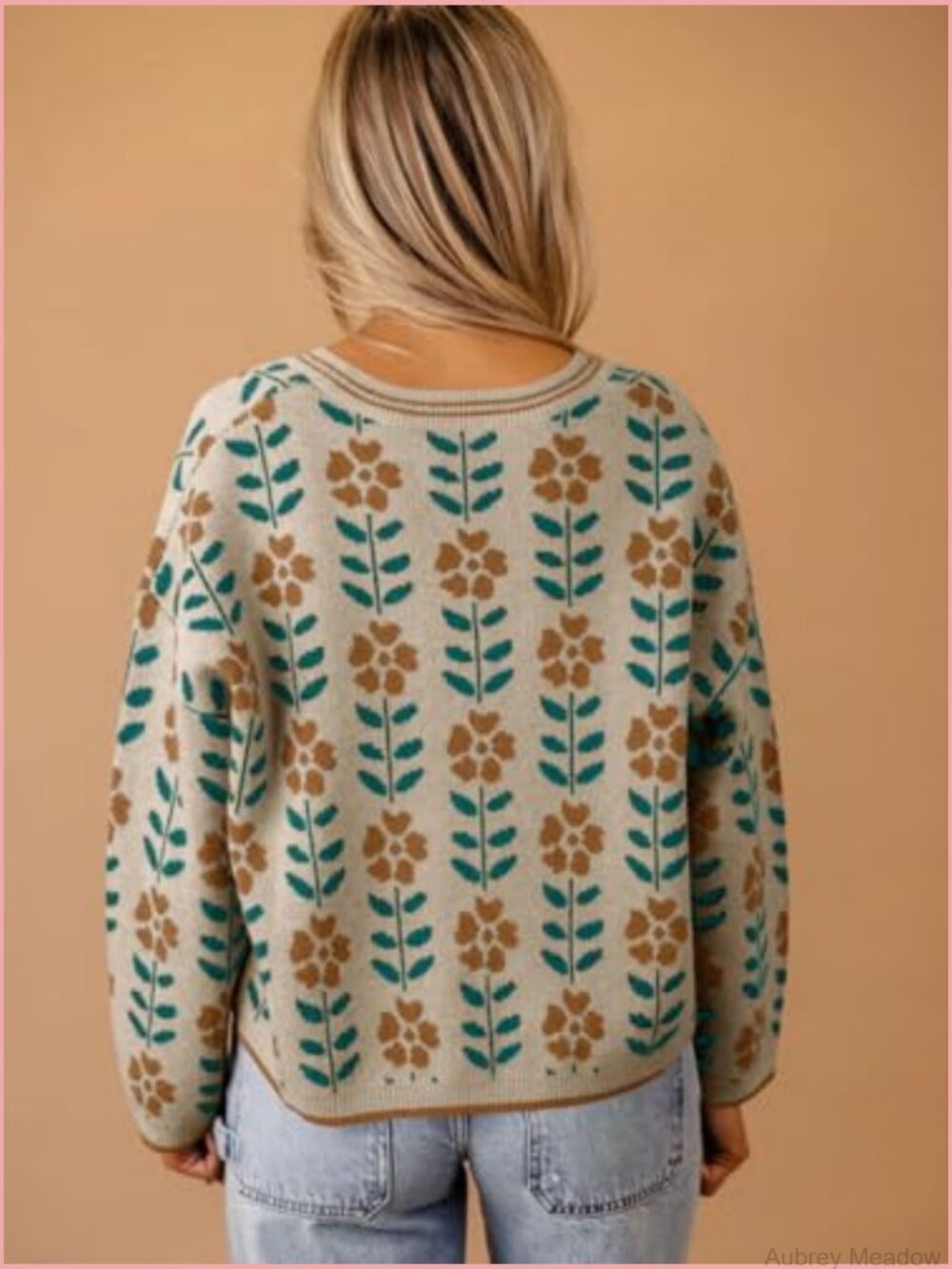 Floral V-Neck Cardigan Open Front Button Down Knit Long Sleeve - Picture 3 of 7